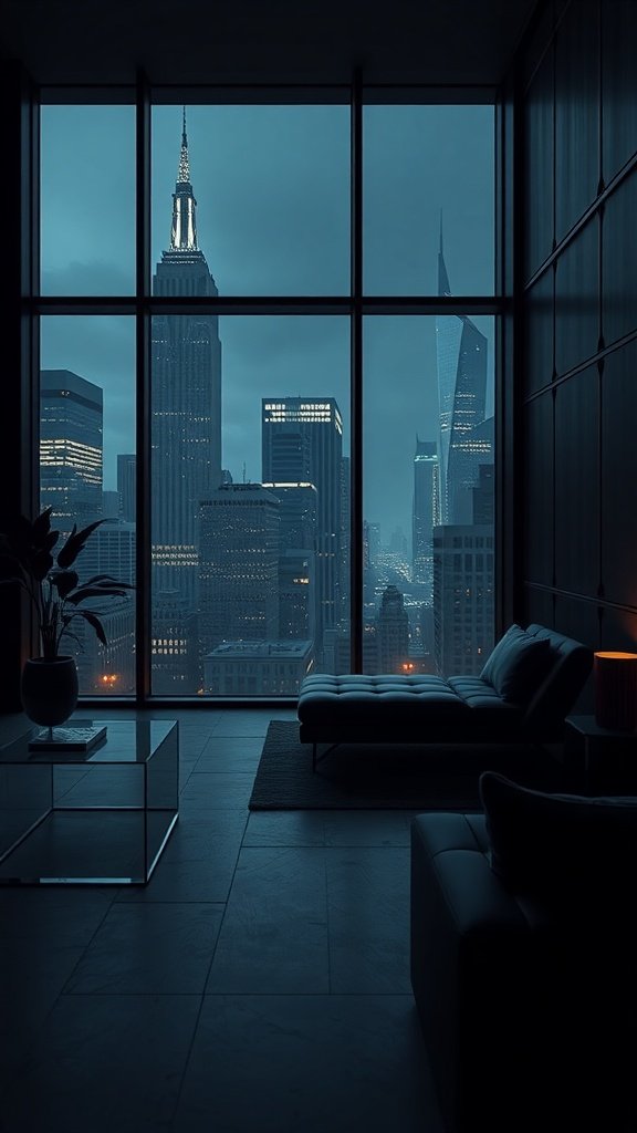 Luxurious lounge setting with a view of Gotham skyline at night