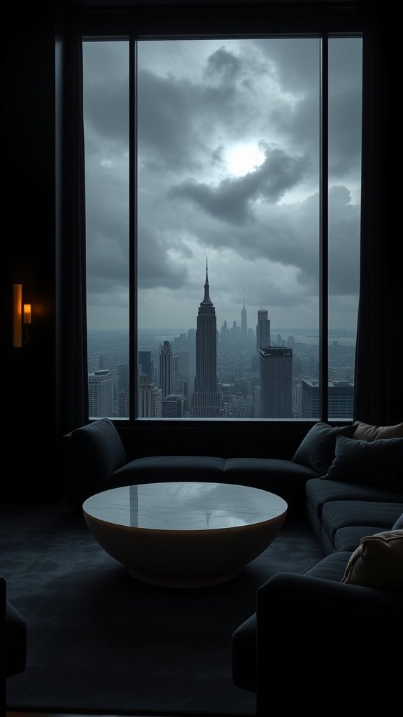 A luxurious lounge with a view of the Gotham skyline featuring the Empire State Building, showcasing moody elegance and rich textures.