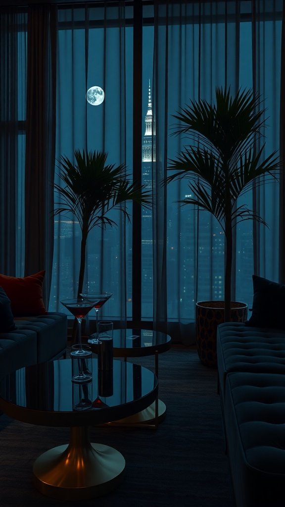 Luxurious lounge setting with skyline views, featuring the Empire State Building and moonlight.