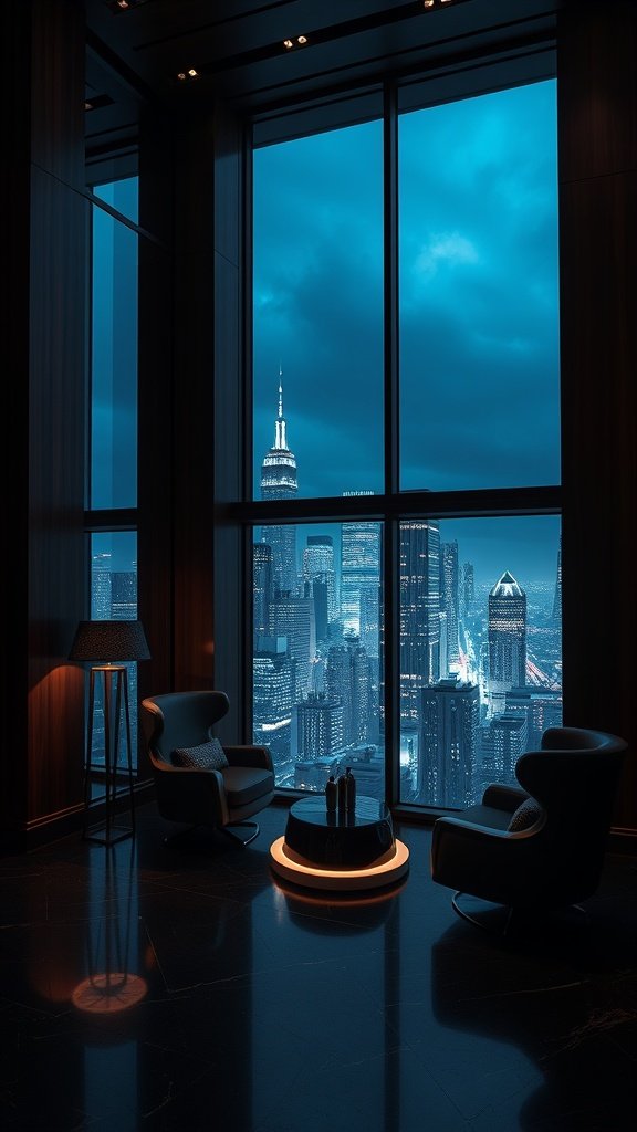 A luxurious lounge with Gotham skyline views, featuring plush chairs and a sleek coffee table against a backdrop of skyscrapers.