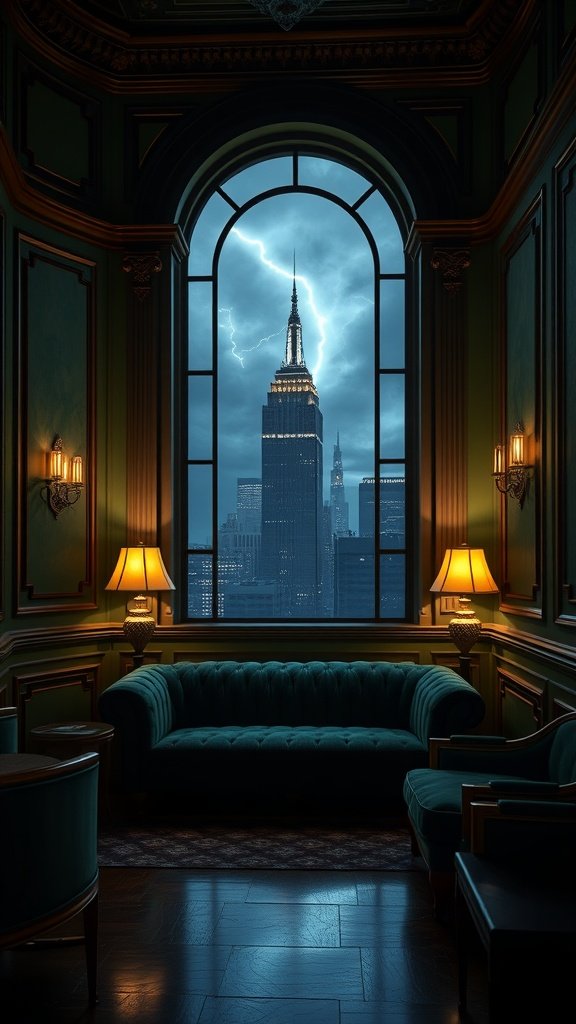 Luxurious lounge setting with a view of the Gotham skyline featuring the Empire State Building.