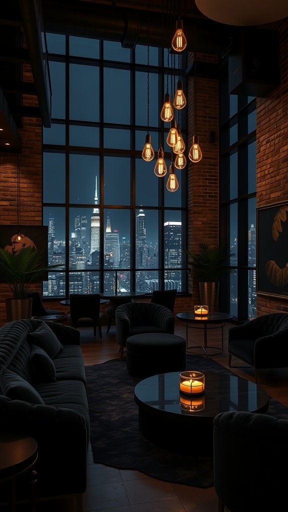 A stylish industrial loft with large windows showcasing the Gotham skyline at night, featuring plush seating and warm lighting.