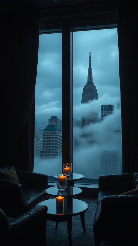 A luxurious lounge setting with leather chairs, a table with candles, and a view of the foggy Gotham skyline featuring the Empire State Building.