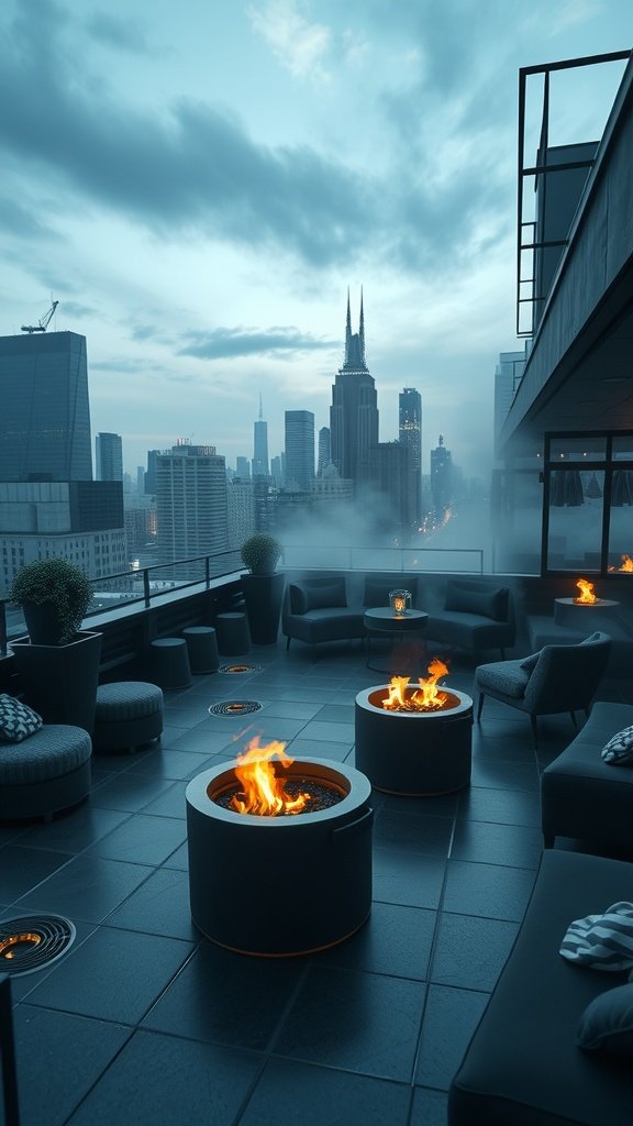 Luxurious rooftop lounge with skyline views, featuring plush seating and fire pits.