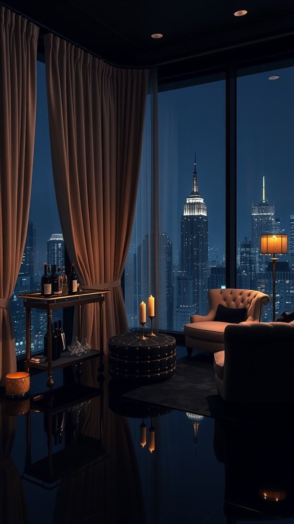 Luxurious lounge setting with skyline views of Gotham City at night, featuring plush seating, a bar cart, and soft lighting.