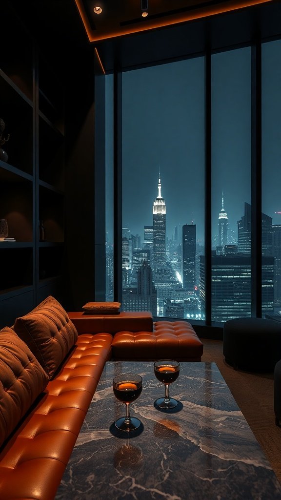 Luxurious lounge setting in a penthouse with skyline views of Gotham City at night.