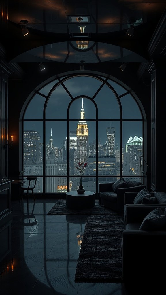 Luxurious lounge with skyline views of Gotham City at night, featuring plush seating and smoked glass windows.