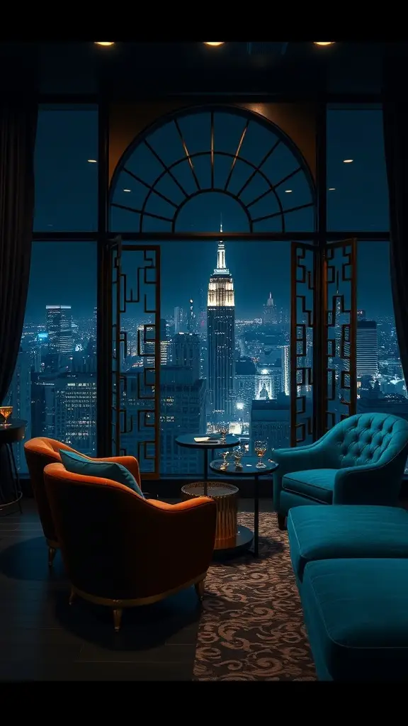 Luxurious lounge setting with skyline views of Gotham City at night, featuring plush seating and the Empire State Building.