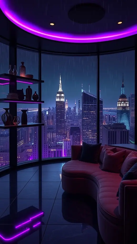A luxurious lounge with a curved sofa, neon purple lighting, and a stunning view of the Gotham skyline at night.