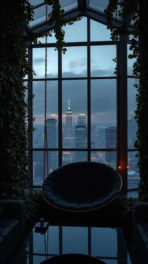 Luxurious lounge setting with skyline views featuring a hanging chair and lush greenery.