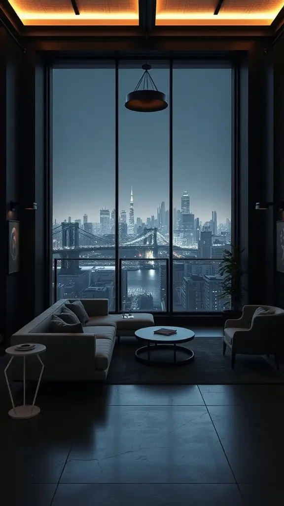 Luxurious lounge setting with skyline views of Gotham City at night