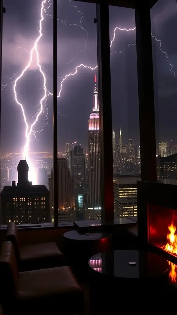 A luxurious lounge with a view of Gotham's skyline during a storm, featuring plush sofas and a glass coffee table with a fire.