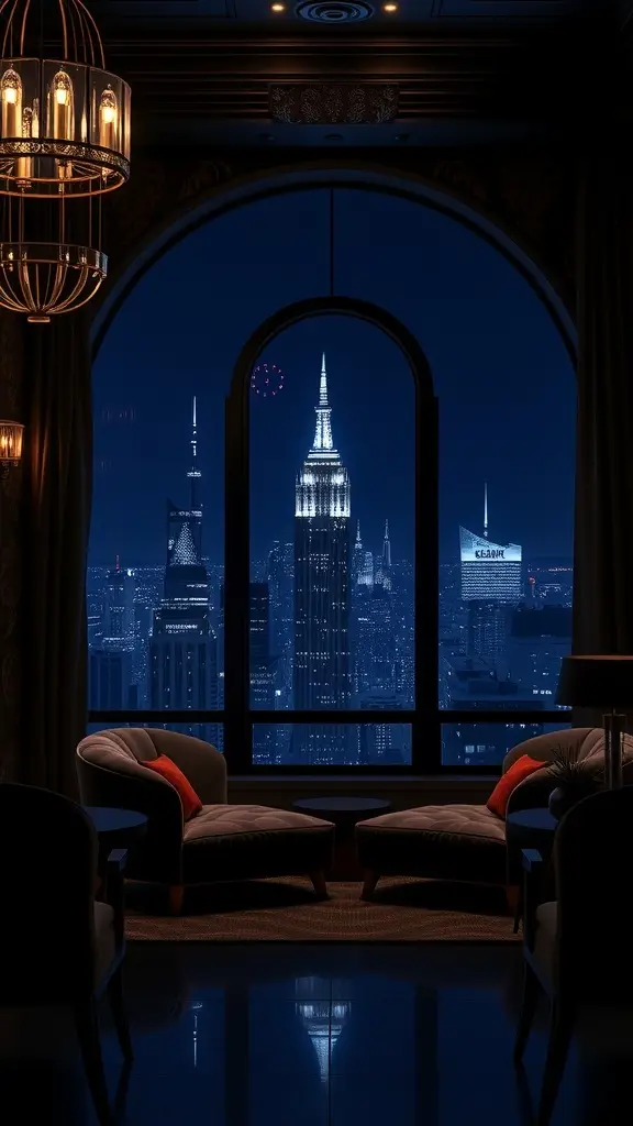 Luxurious lounge with crimson velvet chairs and a view of the Gotham skyline at night.