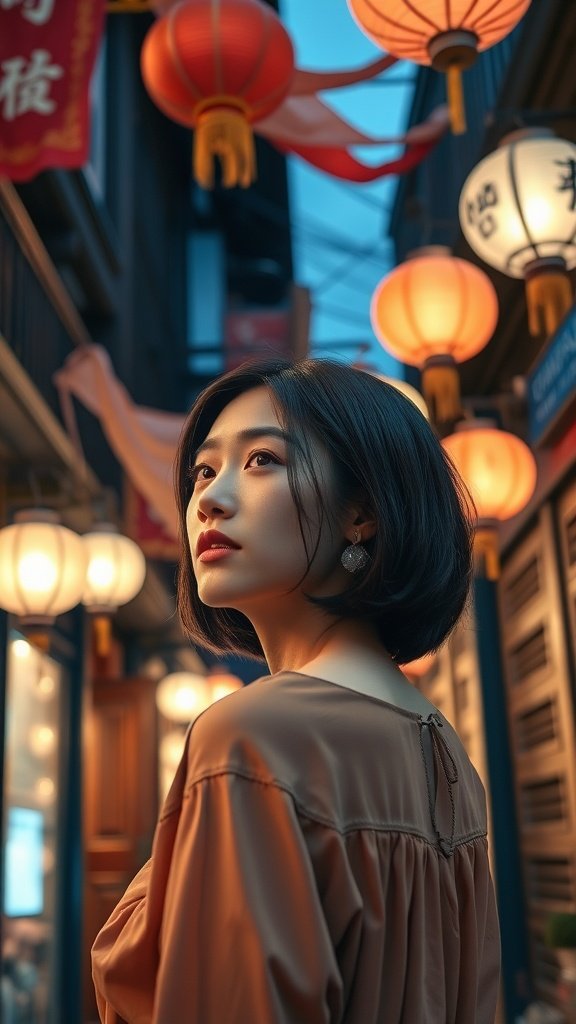 A woman with a sleek bob hairstyle in a vibrant Shanghai street at twilight, surrounded by glowing lanterns.