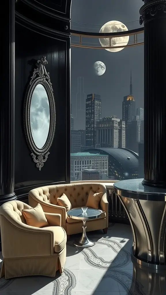 Luxurious lounge with skyline views featuring plush seating and a bar area, illuminated by a full moon.