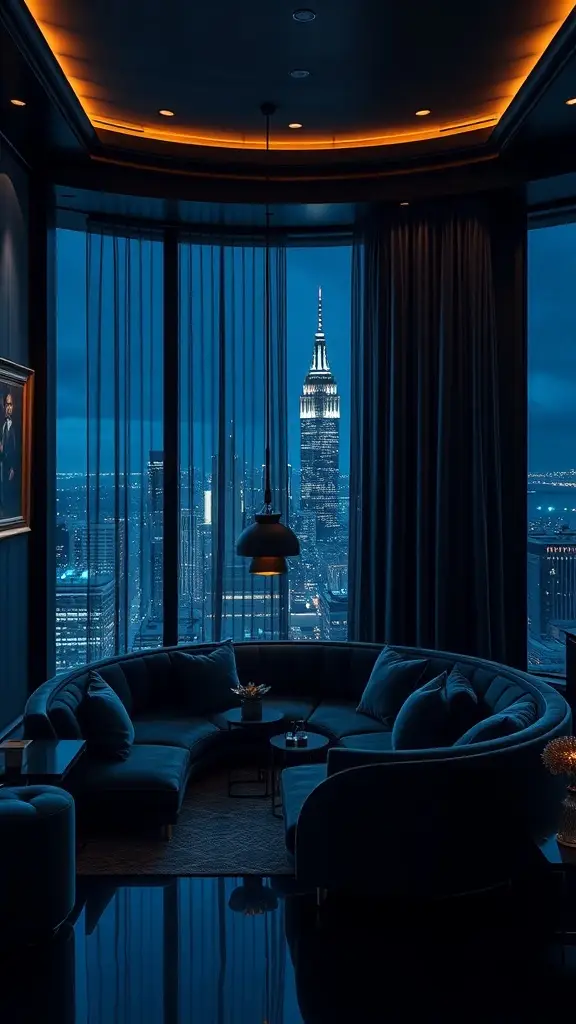 Luxurious lounge setting in a penthouse with a view of the Gotham skyline at night