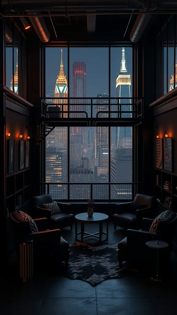 Luxurious lounge setting with Gotham skyline views, featuring plush seating and a stunning cityscape.
