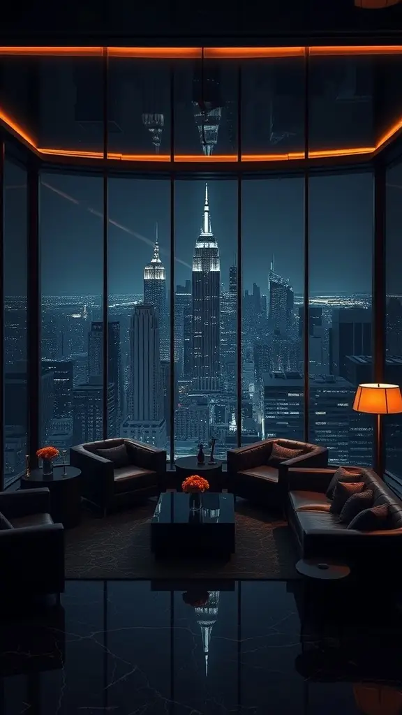 Luxurious lounge with a view of Gotham skyline at night, featuring plush chairs and a coffee table.