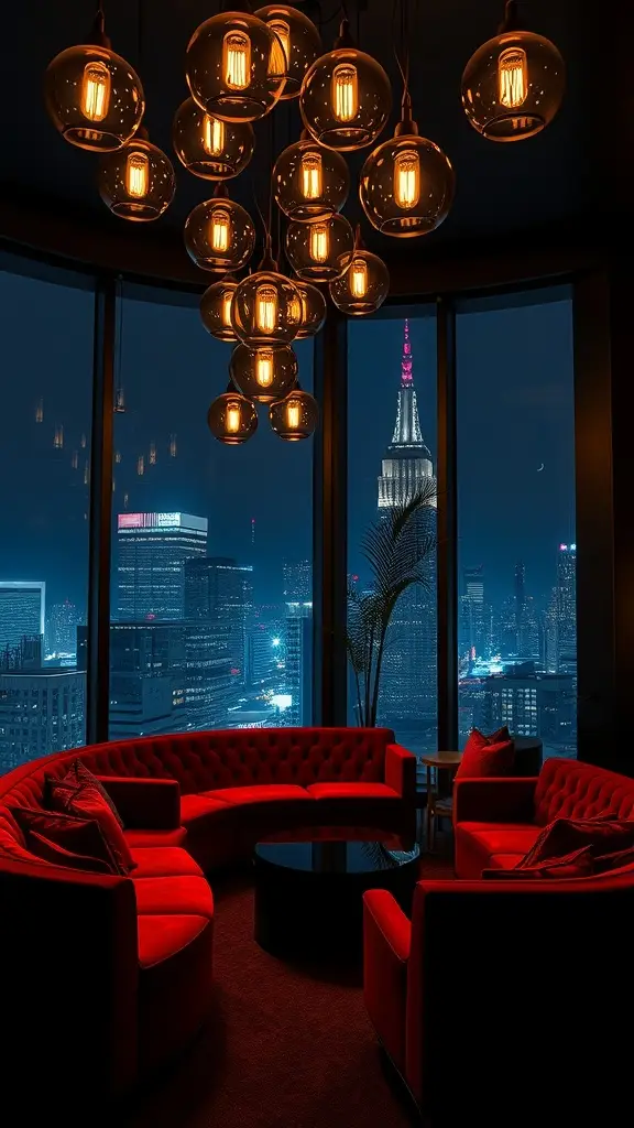 Luxurious lounge with red seating and Gotham skyline view at night