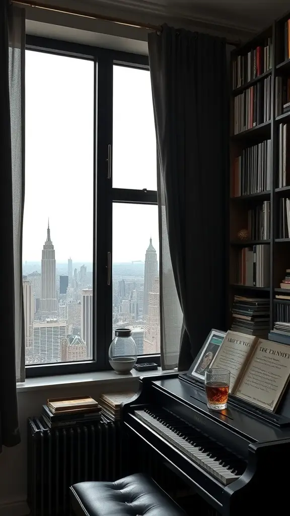 Luxurious lounge setting with skyline views of Gotham City, featuring the Empire State Building.