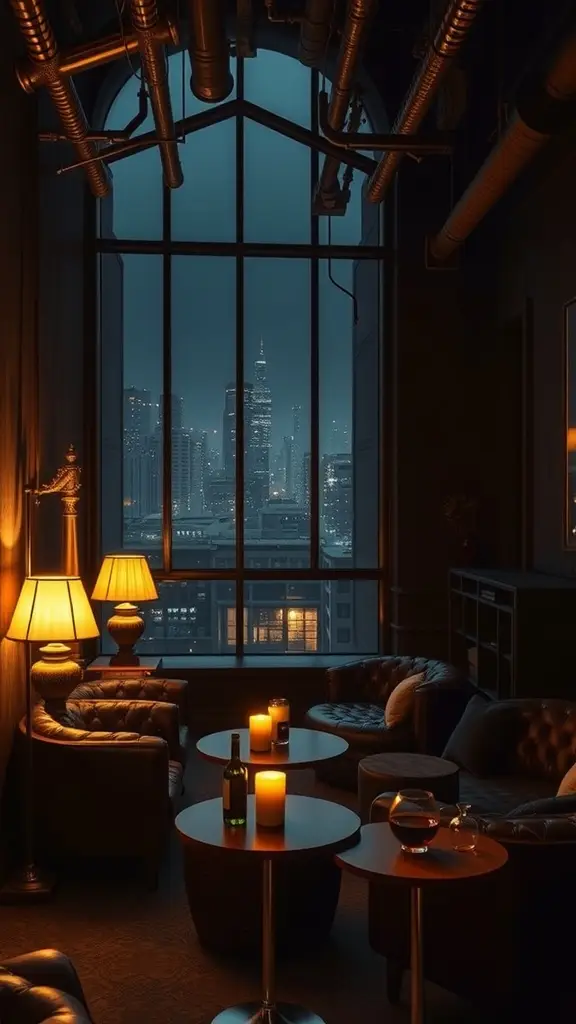 Luxurious lounge setting with skyline views of Gotham City at night, featuring leather chairs, candles, and a stunning cityscape.