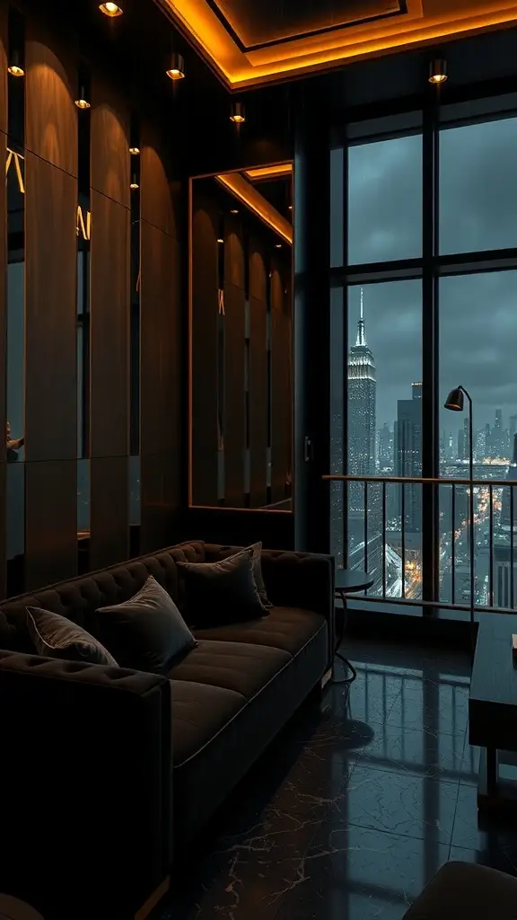 Luxurious lounge setting in a penthouse with skyline views of Gotham City