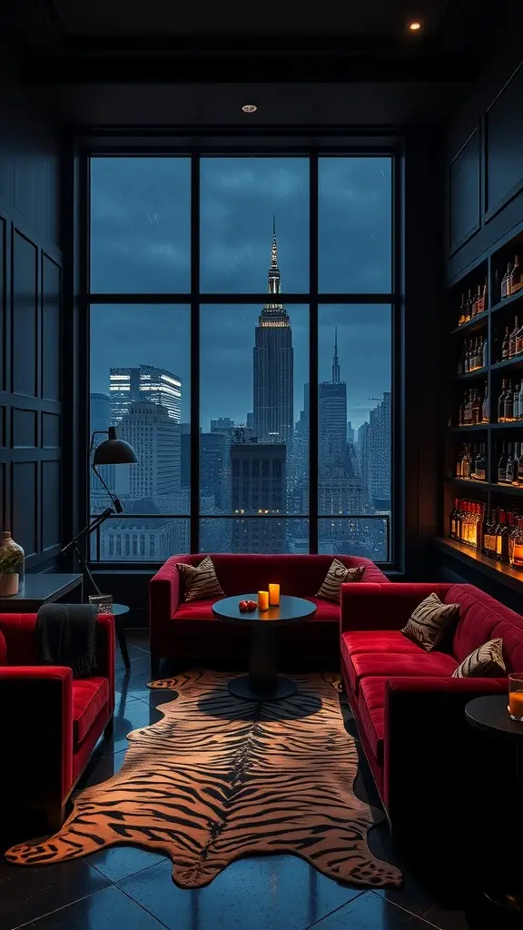A luxurious lounge setting featuring red sofas, a tiger-striped rug, and a stunning view of the Gotham skyline through large windows on a rainy day.