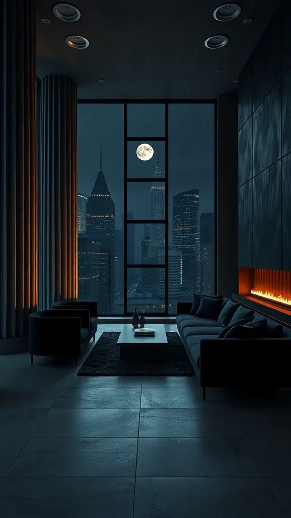 Luxurious lounge with skyline views of Gotham City at night