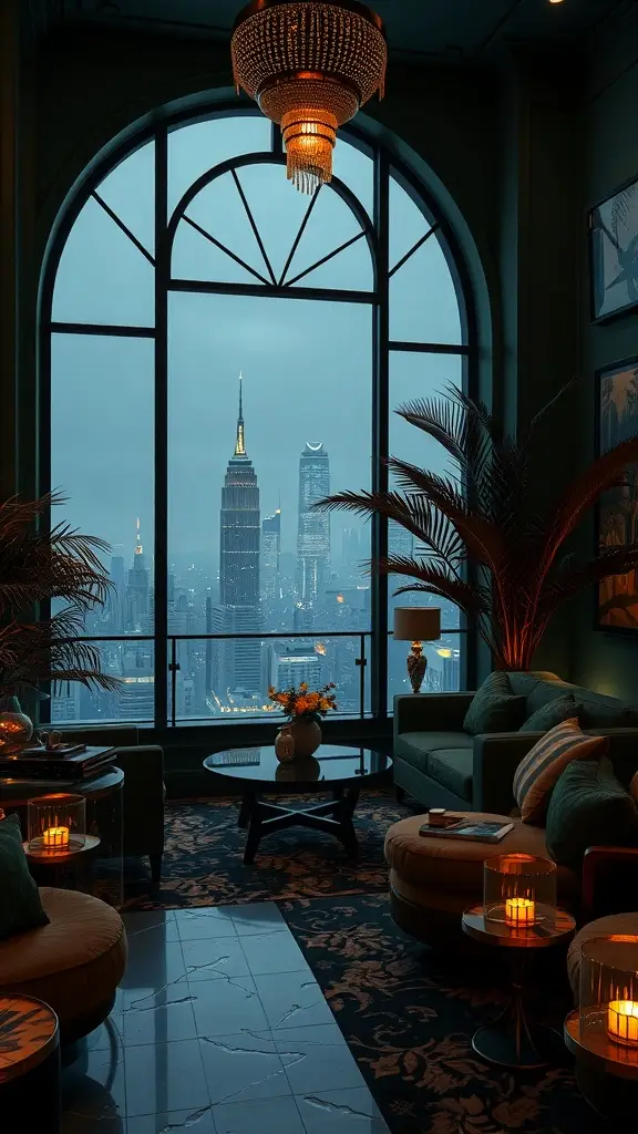 Luxurious lounge with skyline views of Gotham City, featuring plush seating and elegant decor.
