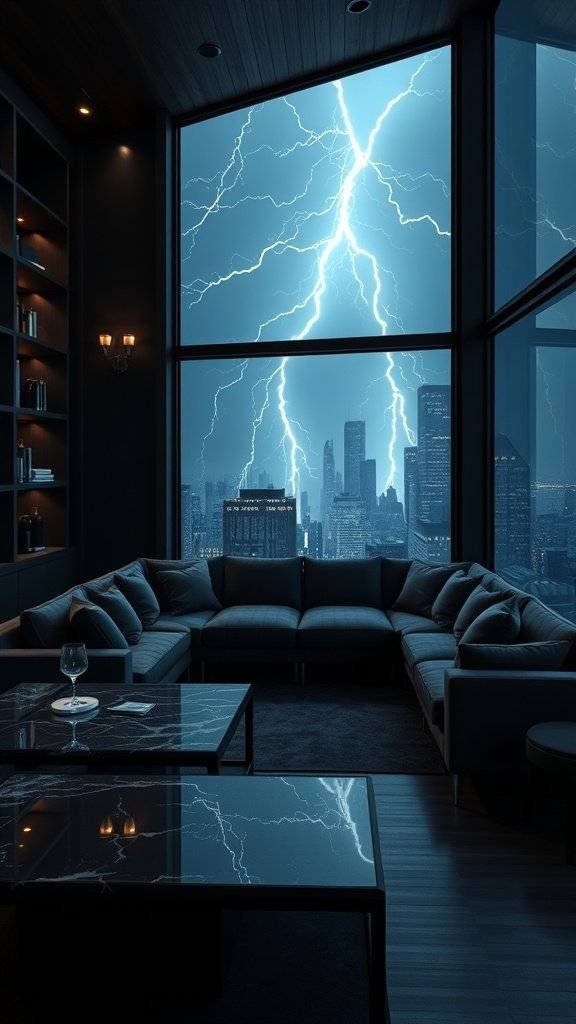 A luxurious lounge with a view of a stormy Gotham skyline, featuring a sectional sofa and marble tables.