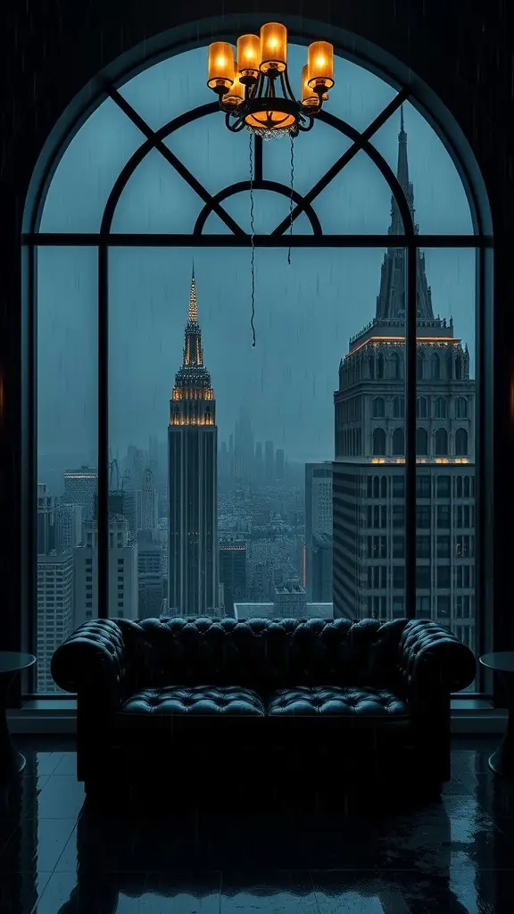 A luxurious lounge with a black leather sofa, large arched window showing a rainy Gotham skyline, and a vintage chandelier.