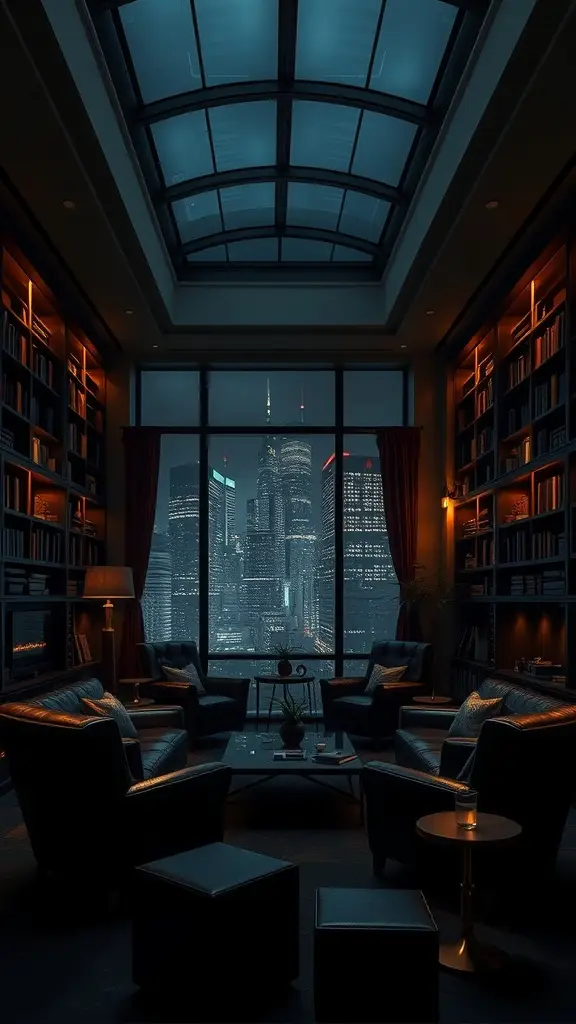 A luxurious cigar lounge with leather seating and skyline views of Gotham City at night.