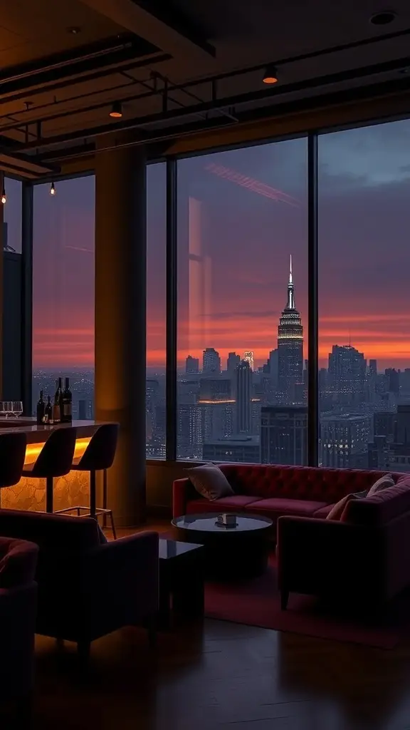Luxurious lounge with skyline views at twilight, featuring plush seating and a glowing bar.