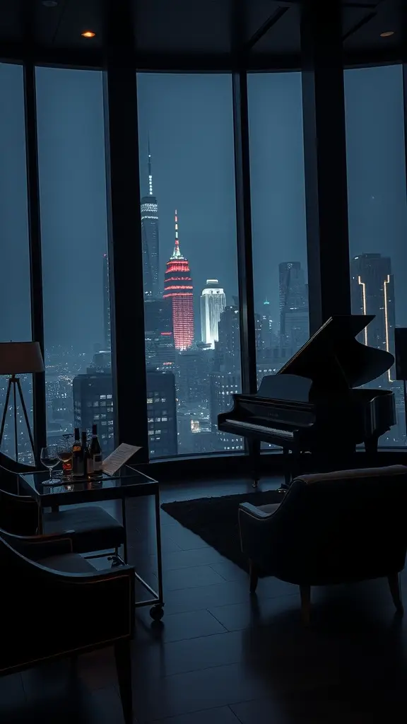 A luxurious lounge with a grand piano and skyline views of Gotham City at night.