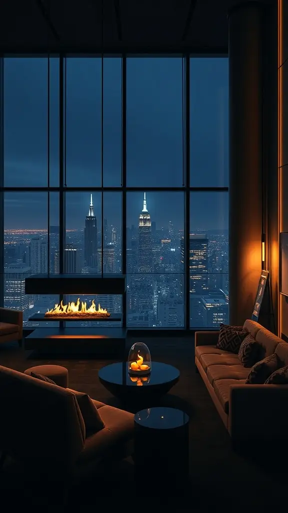 Luxurious lounge with Gotham skyline views featuring a fireplace and plush seating.