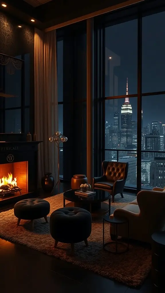 Luxurious lounge setting with skyline views of Gotham City at night