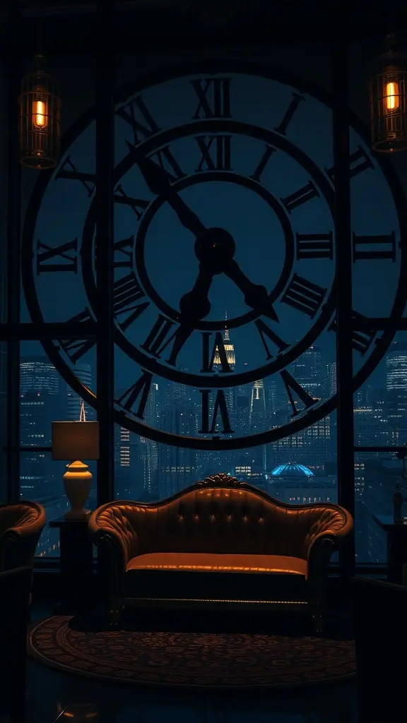 Luxurious lounge setting with a view of Gotham skyline and a large clock face.