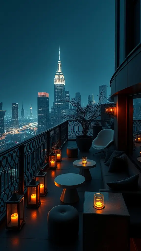 Luxurious lounge setting with a view of the Gotham skyline at night, featuring candlelight and modern furniture.