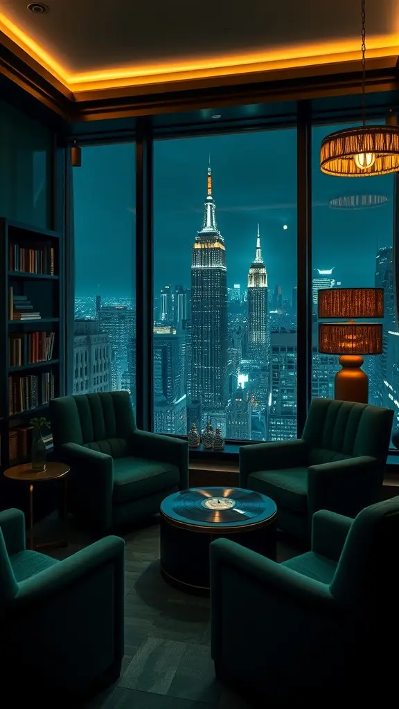 Luxurious lounge with hunter green chairs and a view of the Gotham skyline at night