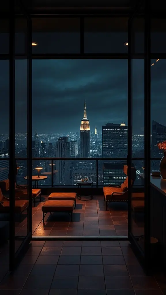 Luxurious lounge setting with Gotham skyline views at night, featuring plush seating and the Empire State Building in the background.
