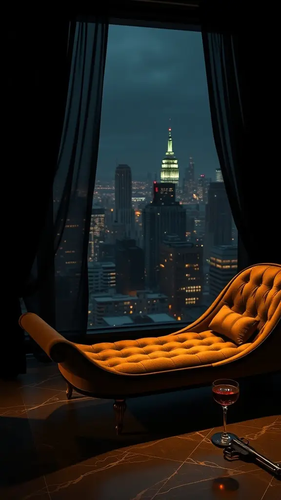 Luxurious lounge setting with a view of the Gotham skyline at dusk, featuring a plush chair and a cocktail.