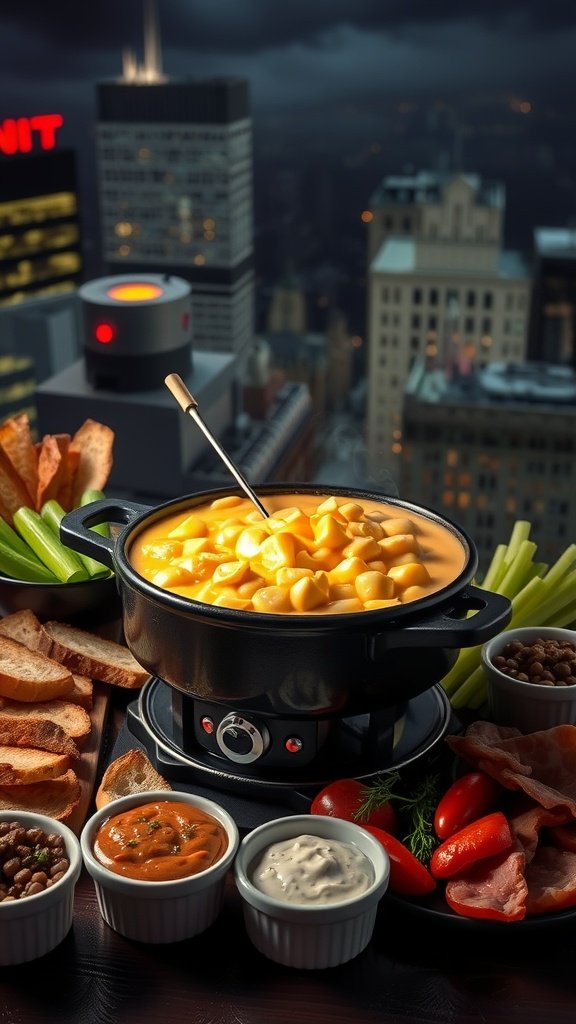 A pot of cheese fondue surrounded by bread, vegetables, and meats, set against a city skyline.