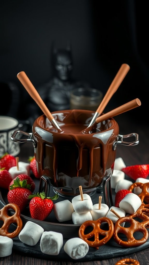 A pot of dark chocolate fondue surrounded by strawberries, marshmallows, and pretzels
