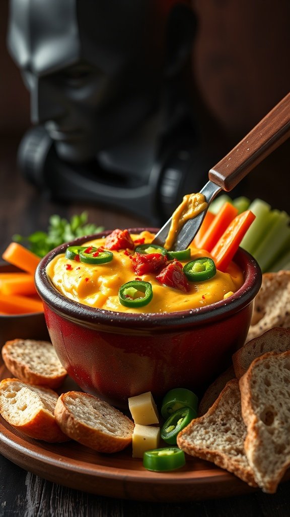 A bowl of spicy pepper jack fondue surrounded by dippers like bread, veggies, and cheese, with a dark figure in the background.