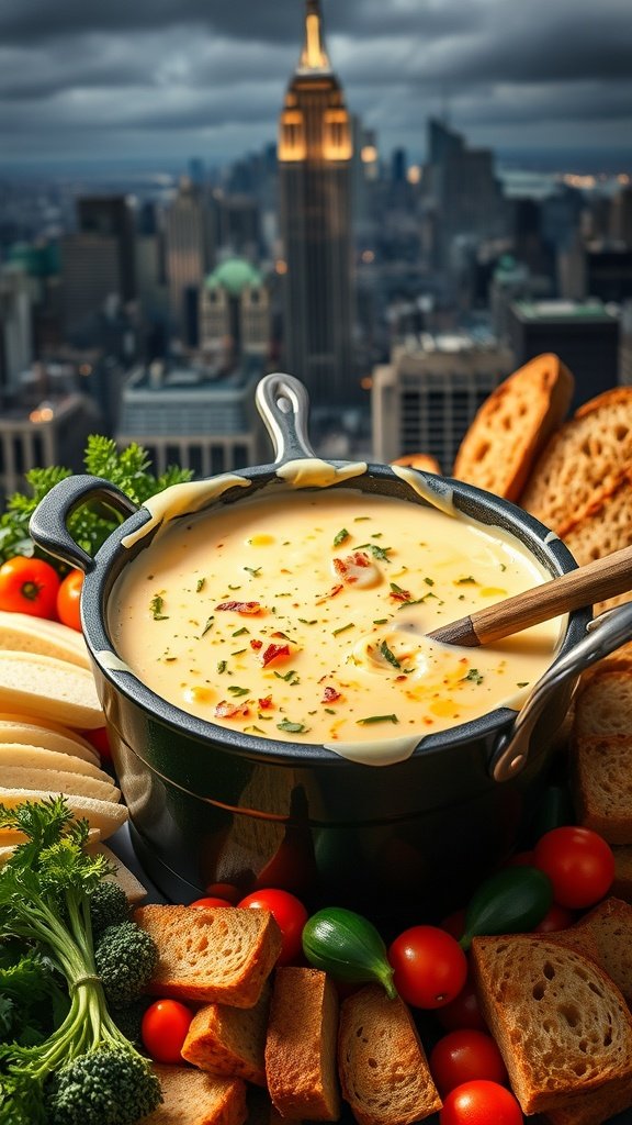 A delicious garlic and herb fondue served with bread and vegetables, set against a city skyline.