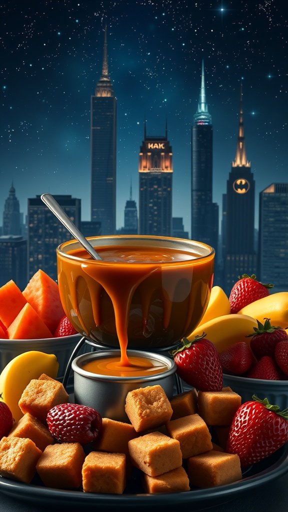 A pot of caramel fondue with a wooden spoon, surrounded by fresh fruits and sweets, against a Gotham City skyline.