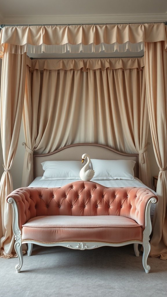 A vintage blush couch with tufted fabric and elegant design in a stylish bedroom setting.