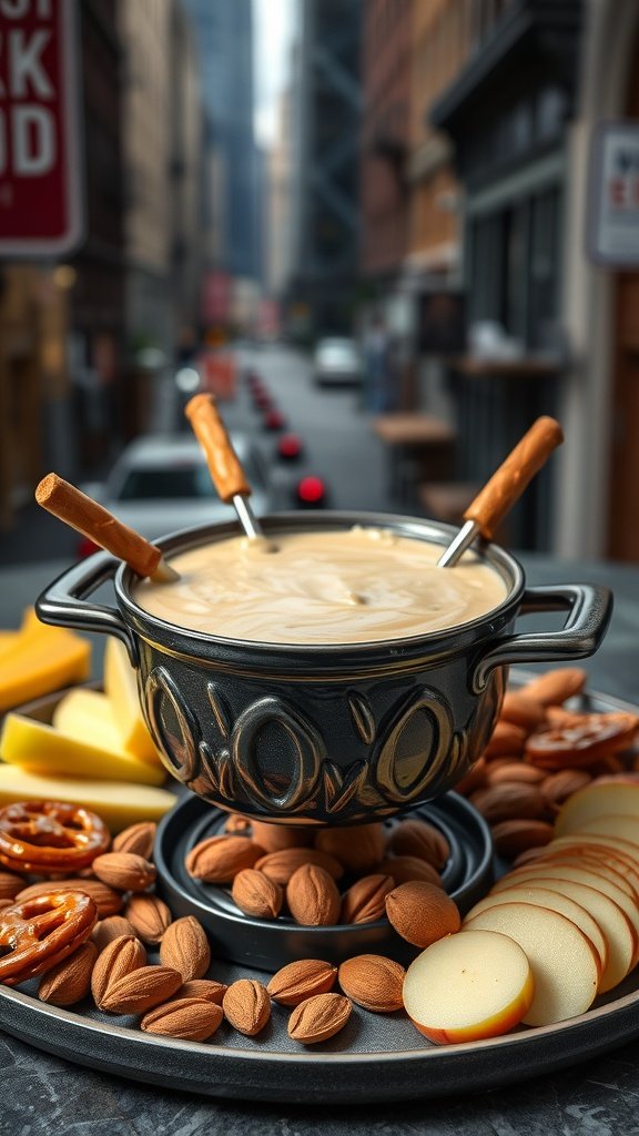 A pot of nutty almond fondue surrounded by dippers like apple slices, pretzels, and almonds.