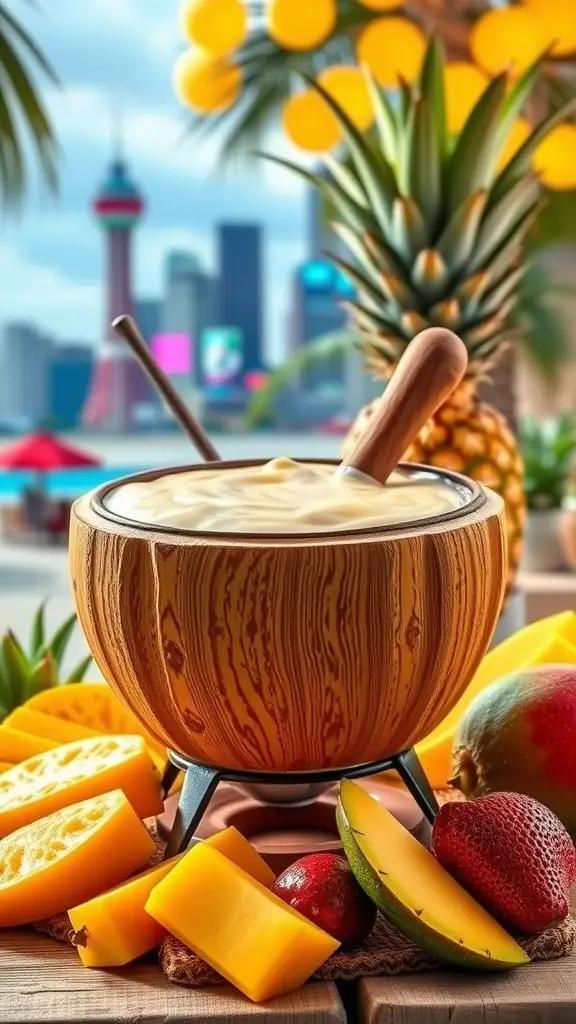 A bowl of tropical coconut fondue surrounded by fresh fruits like pineapple, mango, and strawberries.
