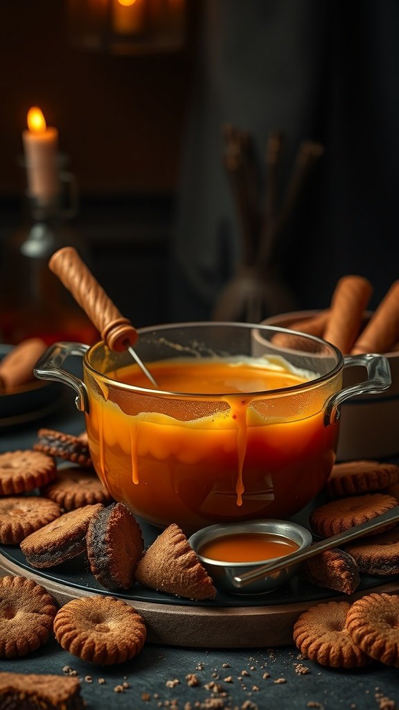 A bowl of bourbon caramel fondue surrounded by cookies and a candlelit setting.